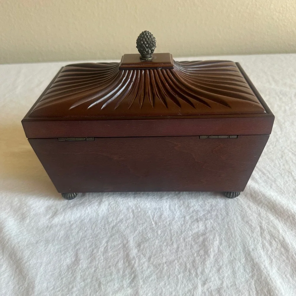 Bombay Outlet Wooden Jewelry Box Pinecone Finial Fluted Lid Velvet Lined Brown